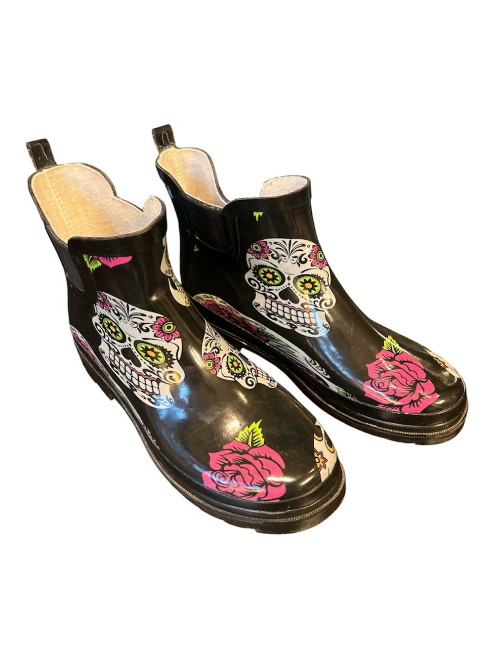 Norty Women's Low Ankle Rain Boots Rubber Snow Garden Shoe Sugar Skull Size 9